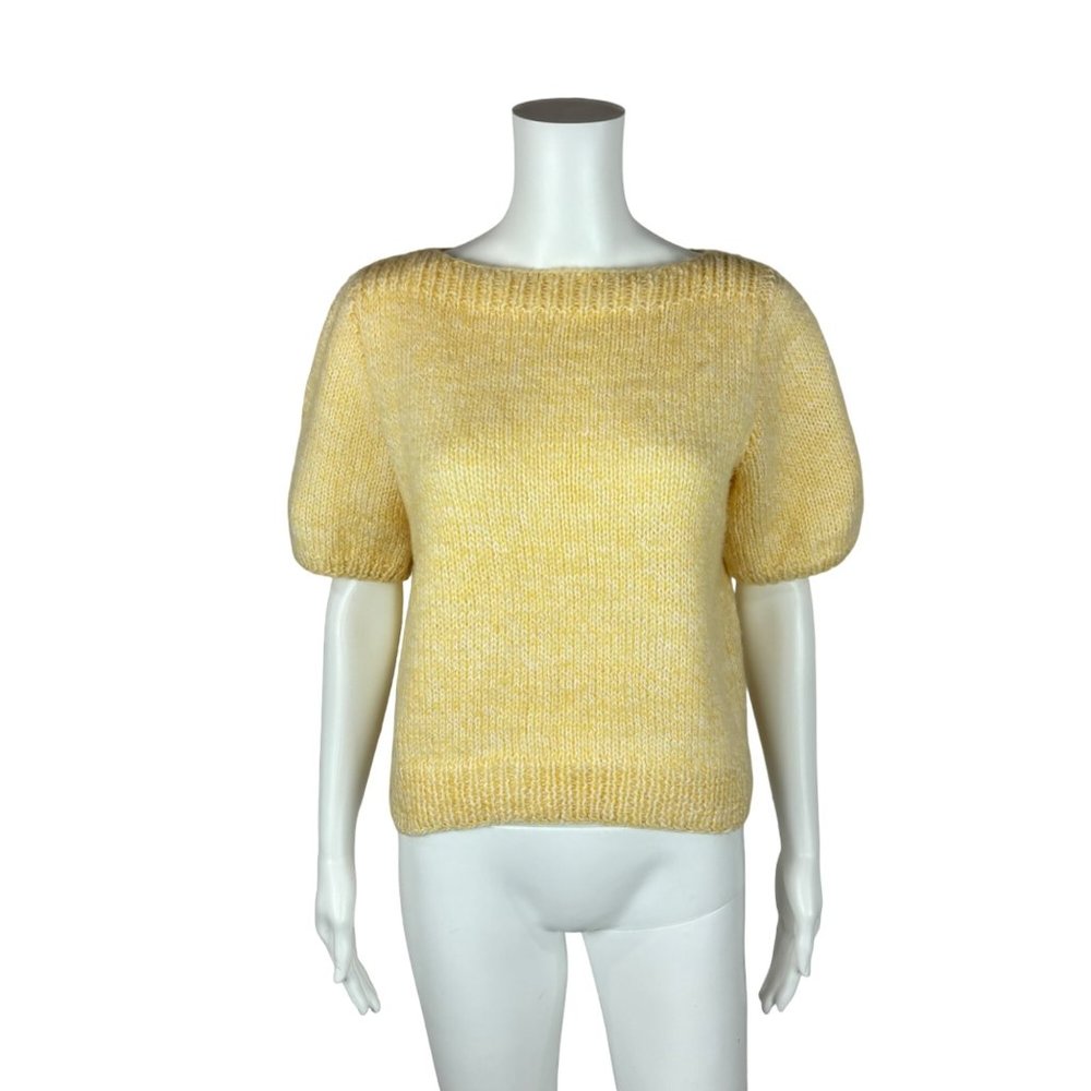 Vintage 80s Crochet Sweater Yellow Handmade Knit Short Sleeve Pullover